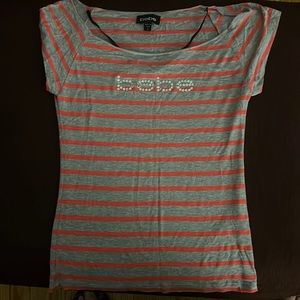 Bebe Striped Bling logo T shirt Size S Coral/Grey